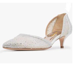 XYD Silver Mesh Pointed Toe D'Orsay Kitten Heel Rhinestone Studs Wedding Pump